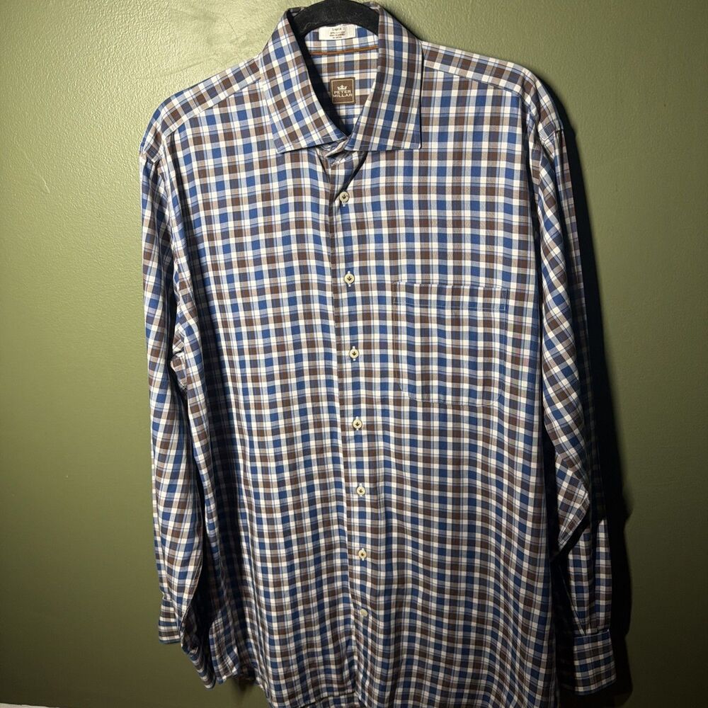 Peter Millar Crown Plaid Button Down Shirt Mens Large Blue Brown Cotton